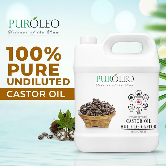PUROLEO Castor Oil 32 Fl Oz/946 ML (Packed In Canada) 100% Pure and Natural Hair, Lash, Beard, Eyelashes & Eyebrow Oil Black castor oil for brow lashes, Make eyelash serum, hair serum for dry hair