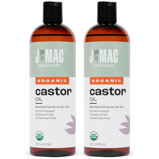 J Mac Botanicals Organic Castor Oil, Cold Pressed (32 oz) unrefined, cold pressed, hexane free for face, skin, eyelashes, pack wraps, pads