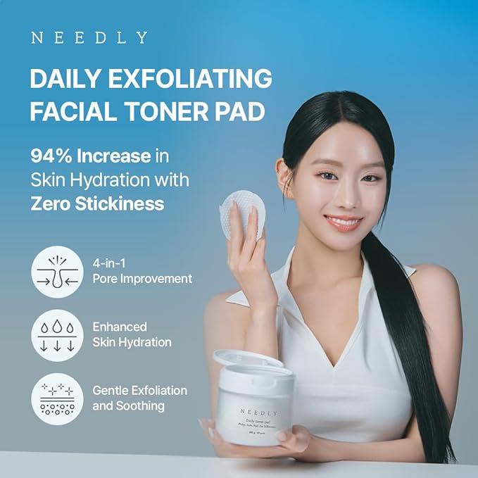 Needly Daily Toner Pad, Exfoliating Facial Pads with BHA & PHA, Deep Hydration, Pore Minimizer for Face, Centella, Tea Tree, High Volume Essence, Extra Large Cotton Pad, Korean Skin Care (60 Pads)