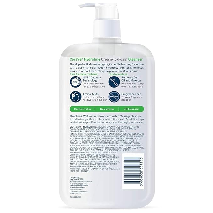 CeraVe Hydrating Cream To Foam Cleanser, Makeup Remover Face Wash For Dry Skin, Foaming Facial Cleanser With Hyaluronic Acid, Normal To Dry Skin, Fragrance Free & Non Comedogenic, 19 Fluid Ounce
