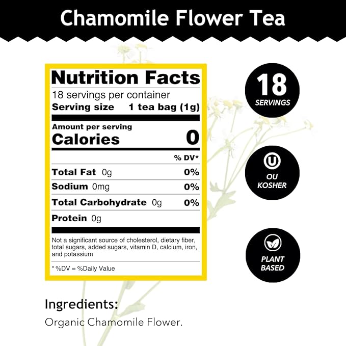 Buddha Teas - Organic Chamomile Flower Tea - Herbal Tea - For Health & Wellbeing - With Antioxidants & Minerals - Clean Ingredients - Caffeine Free - OU Kosher & Non-GMO - 18 Tea Bags (Pack of 1)