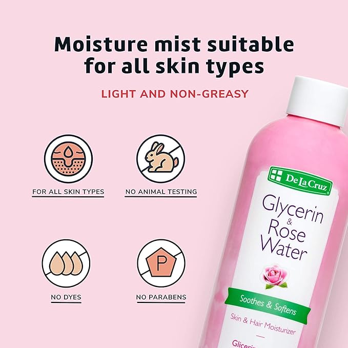 De La Cruz Rose Water and Glycerin for Face - Rosewater Facial Toner and Moisturizer for Skin and Hair 8 fl oz (236 mL) - 4 Bottles