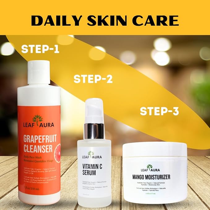 Daily Skin Care Products Combo- Comes with Cleanser, Vitamin C serum & Mango Moisturizer- Natural + Organic Formula- Made In Canada- For Men & Women (Grapefruit Cleanser)