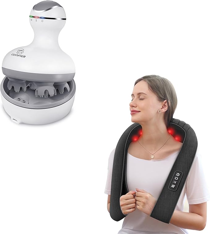 COMFIER Cordless Hair Scalp Massager- Electric Head Massager with Kneading 84 Massage Nodes, Handheld Portable Head Scratcher Massager for Hair Growth, Neck Back Massager with Heat, Shiatsu Neck & S