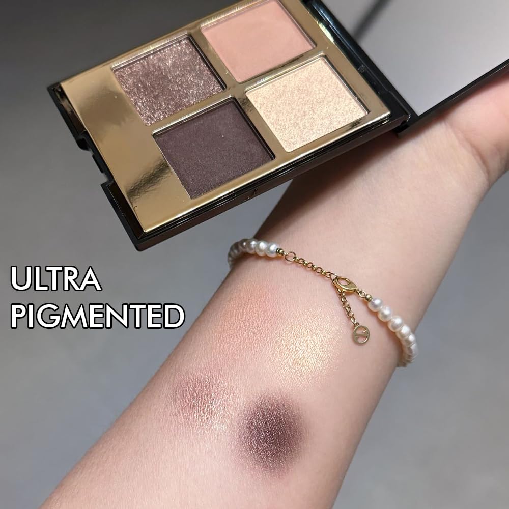 Eyeshadow Quad Makeup Palette – 4 Shades of Nude, Rose, Gold, Brown Tones, Blendable Matte & Shimmer, Long-Lasting Waterproof, Perfect for Mature & Young Women, with Built-In Mirror 02#