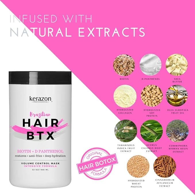 KERAZON Intensive Brazilian Hair BTX Treatment 32oz 946ml For All Hair Types, Thermal Activated Hair Mask Damaged Dry Repair and Long Lasting Volume And Frizz Control. Salon Size Packaging may vary.