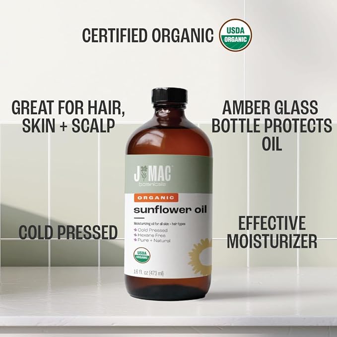 J MAC BOTANICALS Organic Sunflower Oil (16 oz Glass Bottle) USDA Organic Certified 100% Pure Carrier Oil, Moisturizing & Nourishing for Skin, Face, Hair