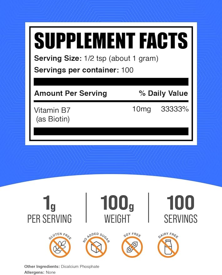 BulkSupplements.com Biotin 10000mcg Powder - Biotin Powder, Biotin Supplement, Biotin Vitamins for Hair Skin and Nails - Gluten Free, 1000mg per Serving (10mg Biotin), 100g (3.5 oz)