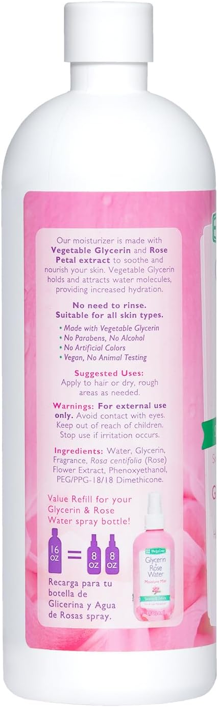 De La Cruz Rose Water and Glycerin for Face - Rosewater Facial Toner and Moisturizer for Skin and Hair Refill Bottle 16 fl oz. (473 mL) - 1 Bottle