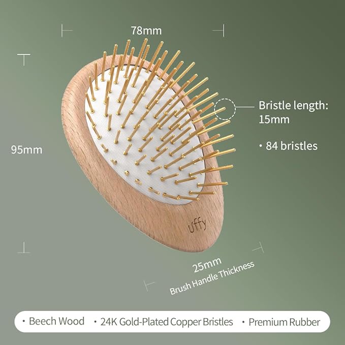 Uffy Acubrusher – 24K Gold-Plated Gua Sha Hair Brush - Ergonomic Scalp Massager for Dandruff & Hair Growth, Suitable for All Hair Types - Ideal Gift for Mom in Beech Wood