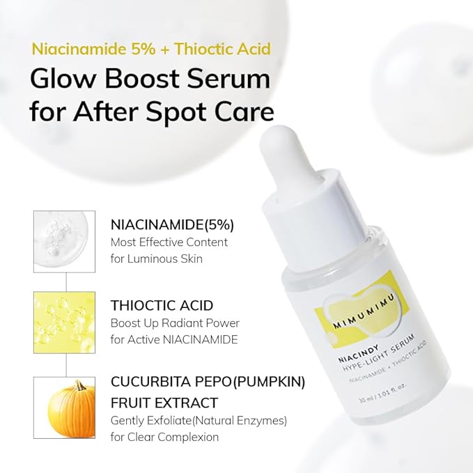 MIMUMIMU NIACINDY Lightweight Serum for Clarity Skin with Niacinamide 5% + Thioctic Acid, for Sensitive skin, Pore Smoothing, Korean Glass Skin, Glow Booster, Fragrance-Free (30ml/1.01 fl.oz)