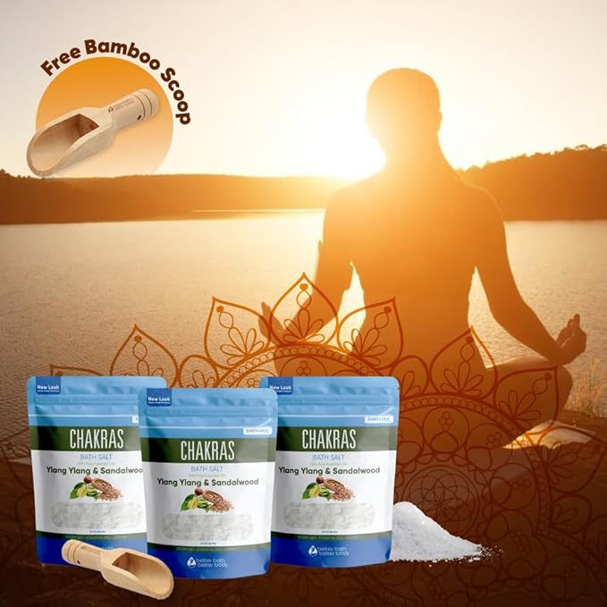 Chakras Bath Salt (3 Pack with Scoop) USP Epsom Salt with Natural Ylang Ylang and Sandalwood Essential Oils Plus Vitamin C in BPA Free Pouch with Easy Press Lock Seal Made in USA Bundle 6 Lbs Total