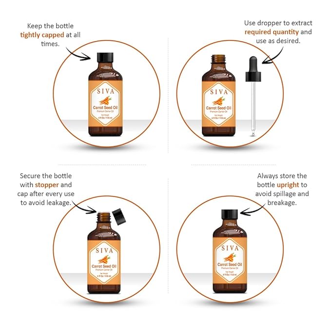 SIVA Carrot Seed Oil 4oz (118ml) Premium Cold-Pressed Carrier Oil With Dropper For Face, Skin Care, Body Massage, Hair Care, Hair Oiling & Scalp Massage