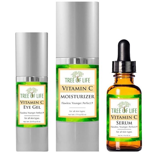 Tree of Life Vitamin C Serum for Face w/ 1.7 Oz Moisturizer Cream & 0.5 Oz Eye Gel - Skin Care Trio Serums to Brightening Dark Spot, Smooth Dry & Sensitive Skin, Anti-Aging, Wrinkles