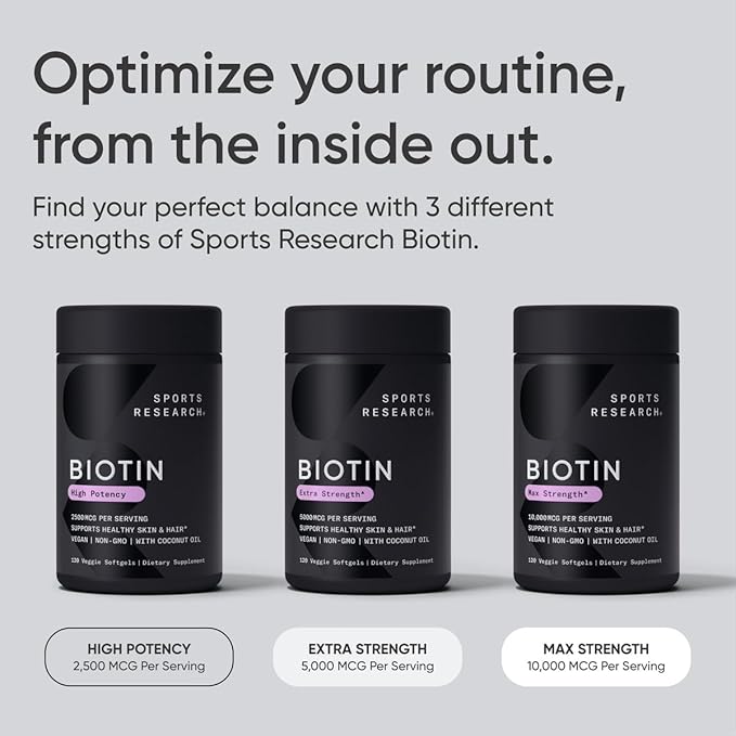 Sports Research Extra Strength Vegan Biotin (Vitamin B) Supplement with Organic Coconut Oil - Supports Keratin for Healthier Hair & Skin - Great for Women & Men - 5,000mcg, 30 Veggie Softgel Capsules