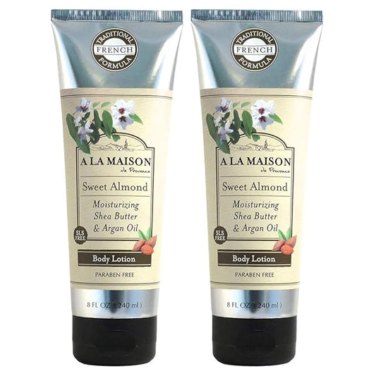A LA MAISON Moisturizing Lotion, Sweet Almond - Uses: Hand and Body, Argan Oil, Pure Shea Butter, Essential Oils, Plant Based, Cruelty-Free, SLS and Paraben Free (8 Oz, 2 Pack)