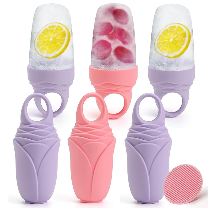 3 Pcs Facial Ice Roller Silicone Mold Reusable for Face Women and Eye Neck Cold Skin Care Tools Freezer De Puff Eye Bags Reduce Migraine Pain Pink 1 + Purple 2