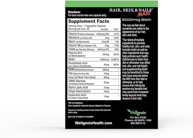 Purvana Max Hair, Skin, and Nails Vitamin - 5000mcg Biotin, Folic Acid, DMAE, Grape Seed Extract - One a Day Vegan Hair, Skin, Nails Support - Promotes Collagen Production - 30 Caps (Pack of 2)