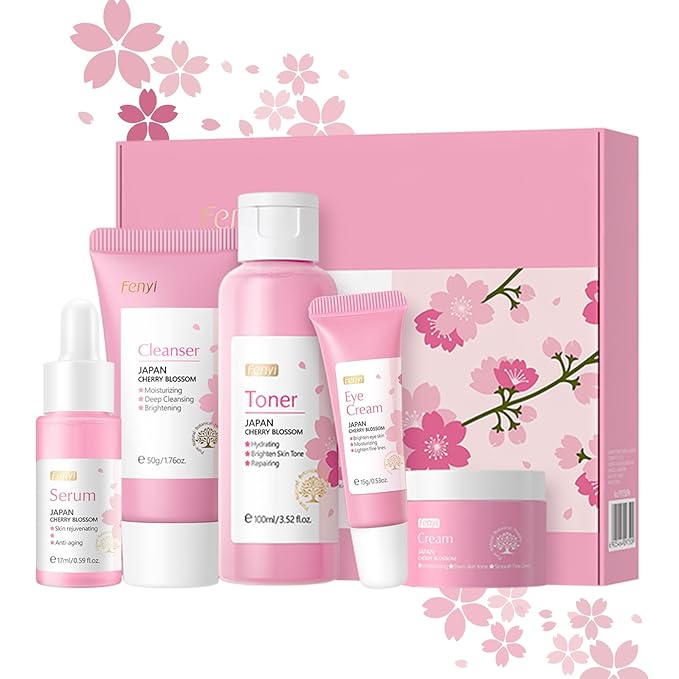 Skincare Set Japan Sakura Skin Care Set - Skincare Kits Gifts for Teen Girls, Travel Kit for Women Skin Care Routine Kit: Cleanser, Toner, Serum, Eye Cream, Face Cream, Beauty Christmas Gifts Set