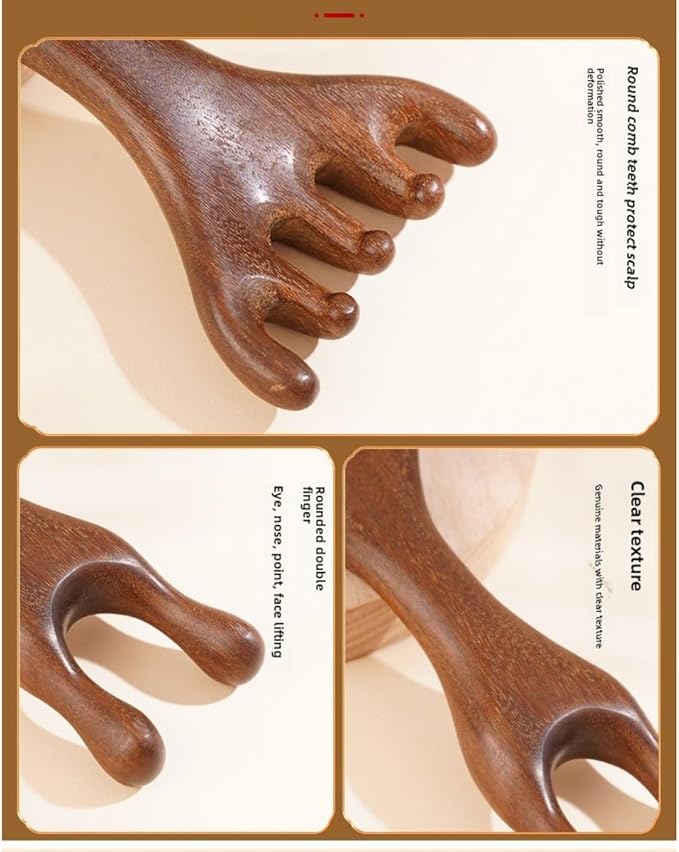 Golden Sandalwood Massager Tool Eye Massage Device Scalp Gua Sha Wooden Comb Forehead Massage Tools with Gift Box (5+2-Claws)