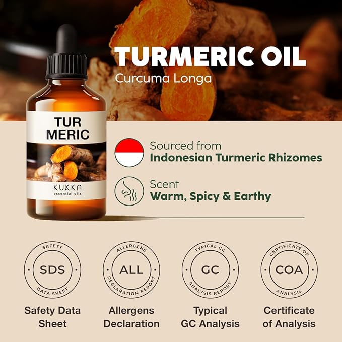 Kukka Turmeric Oil for Skin - 4 Fl Oz - 100% Pure Natural Turmeric Essential Oil, Herbaceous Scent, for Face, Hair, Aromatherapy, Candle & Making Scent DIY