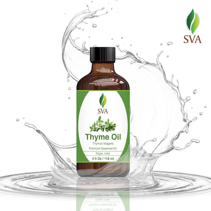 SVA Thyme Essential Oil – 4 Fl Oz – 100% Natural Thyme Oil - for Diffuser, Hair Care, Face, Skin Care, Aromatherapy, Scalp and Body Massage, Soap and Candle Making – with Dropper