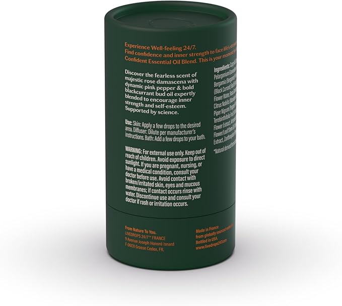 LIVEDROPS 24/7 Confident Essential Oil Blend - Crafted in France - Rose Damascena, Pink Pepper & Blackcurrant Bud Oil. Pure & Natural - Apply Directly on Skin or in Diffuser - Clinically Tested