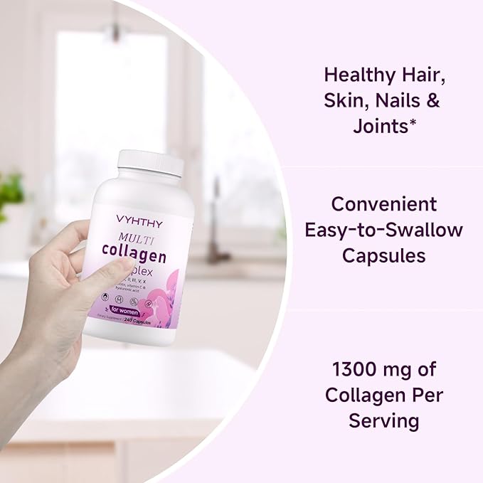 VYHTHY Multi-Collagen Capsules for Women & Men – 240 Count | Type I, II, III, V, X Hydrolyzed Collagen Peptides with Biotin, Hyaluronic Acid & Vitamin C | Hair, Skin, Nails, and Joint Support