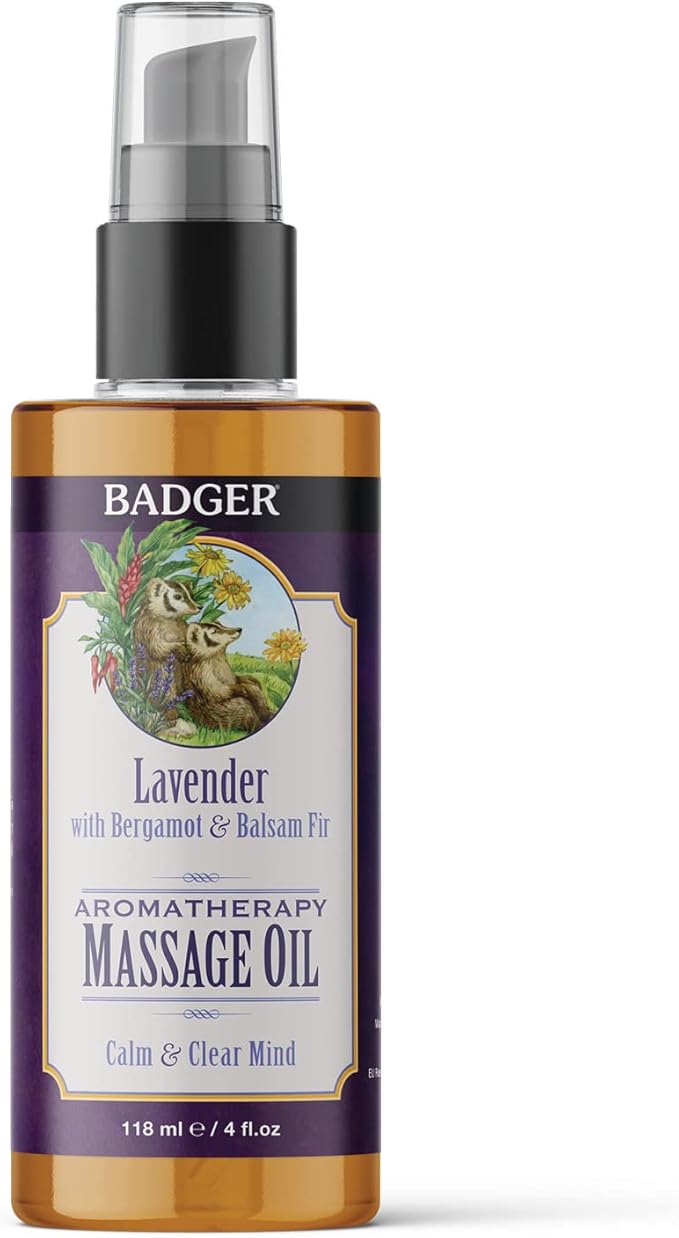Badger Lavender Massage Oil, 100% Organic Massage Oil, Relaxing & Moisturizing Pure Aromatherapy Oils of Lavender, Bergamot & Balsam Fir, 4 fl oz Glass Bottle