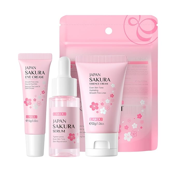 Skin Care Set JAPAN SAKURA Beauty Gift Sets Skin Care Kit with Serum, Eye Cream, Face Cream Travel Kit for Women Wife Mom Teen Girls TSA-friendly Sizes Christmas Gift 3pcs
