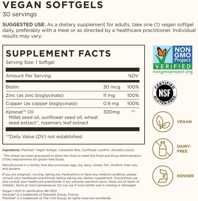 Solgar Hair Growth Age-Defying Nutrition For Men & Women—Thicker Fuller Hair Growth with Keranat Oil, Biotin, Zinc and Copper - One Softgel Daily, Vegan, Dairy, Soy and Gluten Free, 30 Servings