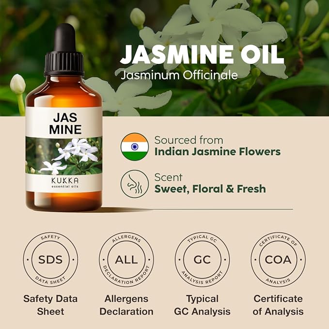 Kukka Jasmine Essential Oil for Diffuser - 4 Fl Oz - 100% Pure Natural Jasmine Oil for Skin, Hair & DIY Soap Making Scents - A Great Relaxing Floral Addition for Hair Care & Perfume
