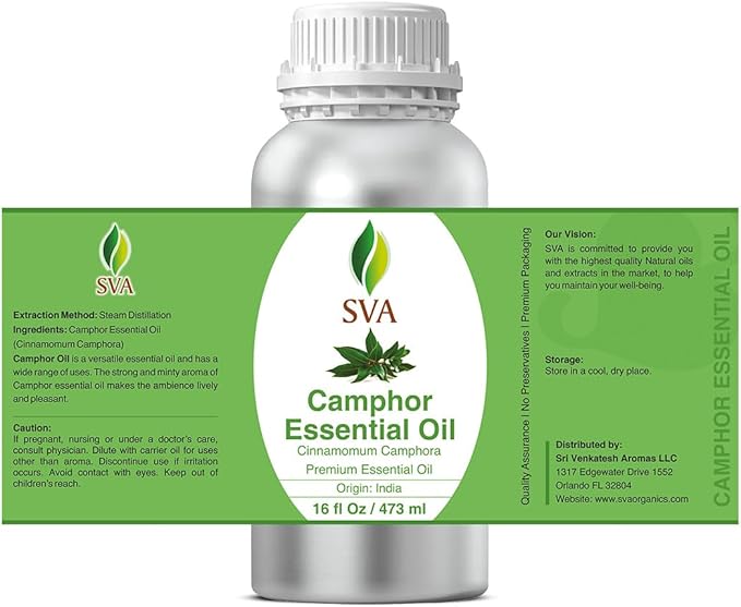SVA Camphor Essential Oil – 16 Fl Oz – 100% Natural Camphor Oil - for Diffuser, Hair Care, Face, Skin Care, Aromatherapy, Scalp and Body Massage, Soap and Candle Making