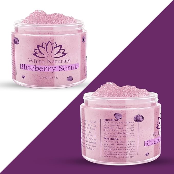 Blueberry Body Scrub, Pure Organic Face Exfoliant for Super Soft Skin, Anti Cellulite & Exfoliator, Natural Skin Care Formula Helps with Stretch Marks, Eczema, Acne & Varicose Veins for Men and Women