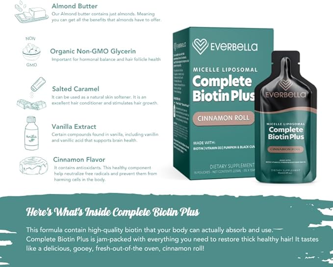 Complete Biotin Plus, Cinnamon Roll Flavor, Liposomal Formula, Biotin, Pumpkin Seed Oil, Black Cumin Seed Oil, D3, Hair Health, 15 Day Supply