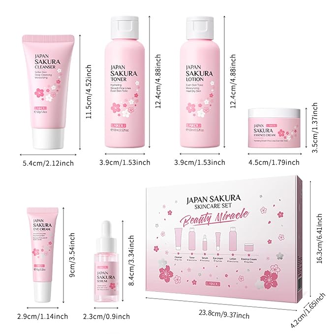 6 Pcs Skin Care Sets JAPAN SAKURA Women Beauty Gift Sets Sakura Skin Care Kit with Cleanser, Toner, Serum, Eye Cream, Lotion, Essence Cream Travel Kit for Women Teen Girls