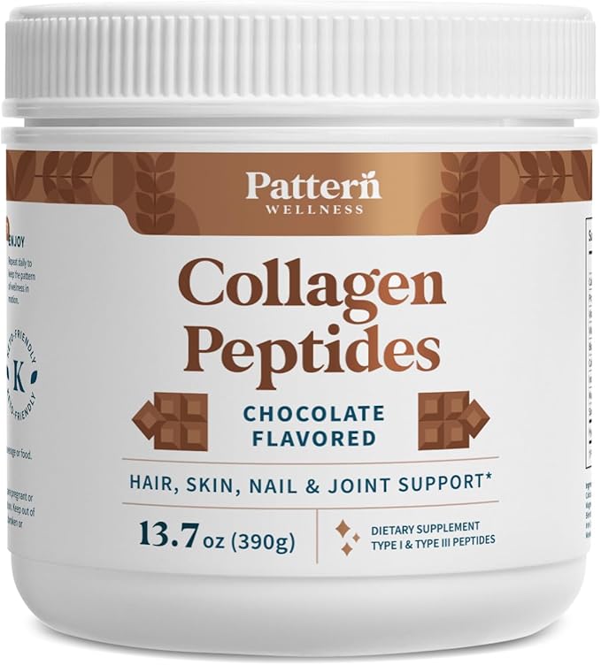 Pattern Wellness Collagen Peptides Powder (Type I & III) - Hair, Nails, Skin and Joint Health - Grass Fed & Pasture Raised - Hydrolyzed Collagen, Non-GMO, Dairy Free, & Keto - Chocolate (13 Oz)