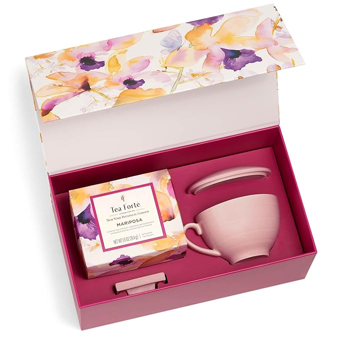 Tea Forte Mariposa 3-Piece Premium Mother's Day Tea Gift Set with Rose Pink Cafe Cup and Lid, Tea Tray and 10 Count Mini Presentation Box, 2 of Each Blend Handcrafted Pyramid Infuser Tea Bags
