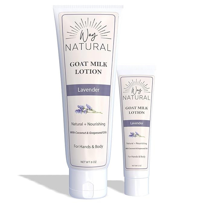 Goat Milk Lotion, Lavender - Home & Away Set, Natural, Body/Hand - Goat Milk Hand Cream for Women and Men - Creamy, Dry Skin Relief - Lavender Lotion - 8oz & 2oz Travel Size Tube