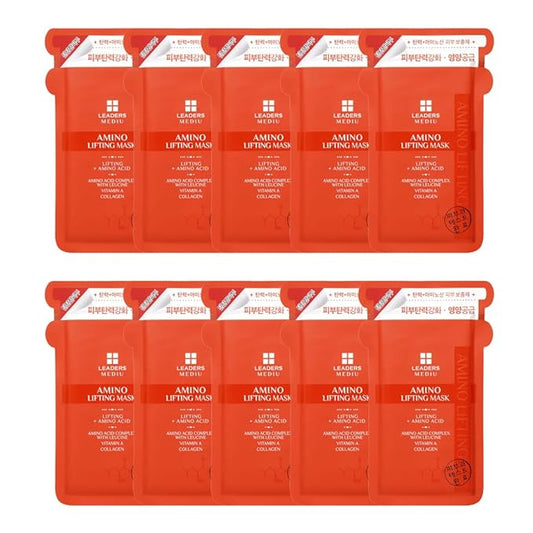 Leaders Mediu Amino Firming & Lifting Facial Sheet Mask | Amino Acid Complex, Vitamin A, Collagen | Reduces Fine Lines, Improves Elasticity, for All Skin Types (10 Sheets)