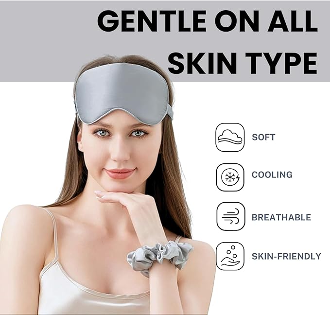 Silk Satin Sleeping Eye Mask, Silvergrey Sleep Eye Mask Night Blindfold for Women and Men, Soft Breathable Blackout Eyeshade Eye Cover for Travel, Wedding Bridesmaid Gift