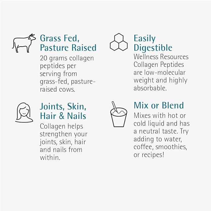 Wellness Resources Collagen Peptides - Pasture Raised, Grass Fed 100% Collagen Protein - Hydrolyzed Type I and III Collagen Peptides Powder, Unflavored (500 Grams/ 17.6 Ounces)