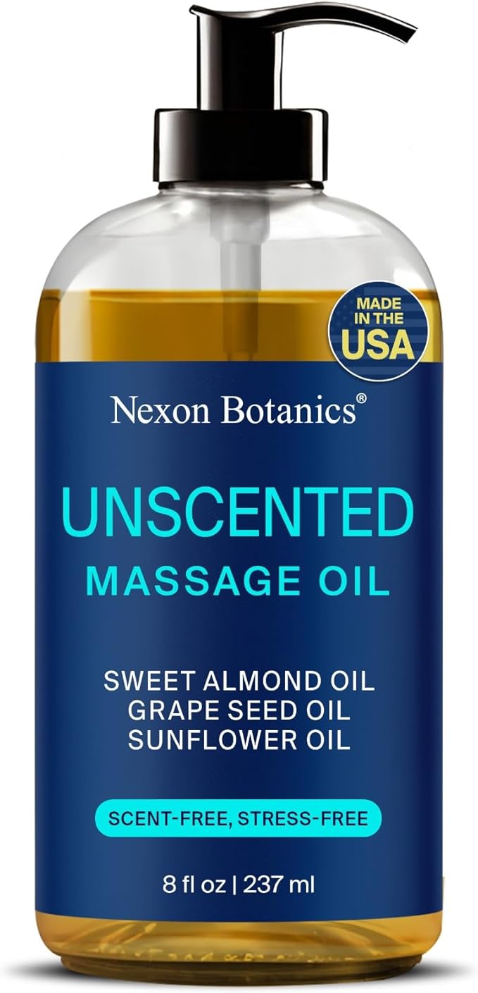 Unscented Massage Oil 8 fl oz - Hydrating Body Oil for Sensitive Skin & Muscle Relief - with Sweet Almond, Grape Seed & Sunflower Oils - Nexon Botanics