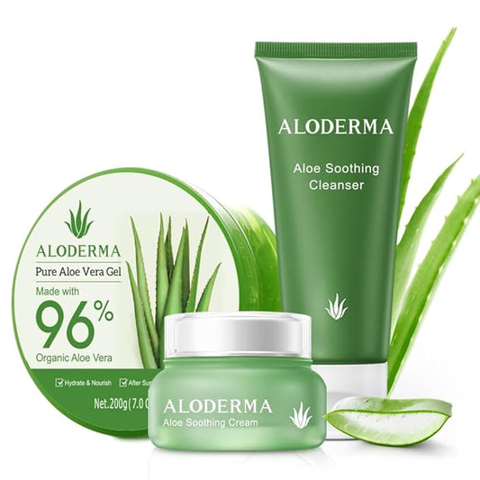 Aloderma Basic Aloe Soothing & Repairing Skin Care Set - 4 Pieces - 200g Aloe Vera Gel x 2pcs, Soothing Cleanser, Soothing Cream