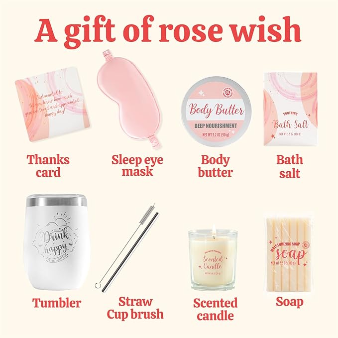 Gifts for Women Bath & Body Rose Spa Gift Sets for Birthday, 8 Pcs Gift for Women, Self Care Kit for Tumbler, Eye Mask, Mothers Day Gifts