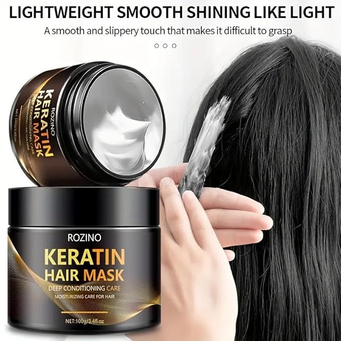 ROZINO Keratin Hair Mask – Deep Conditioning Treatment for Dry, Damaged, and Frizzy Hair, Infused with Aloe Vera & Natural Oils for Intense Hydration, Frizz Control & Shine, for All Hair Types (100g)