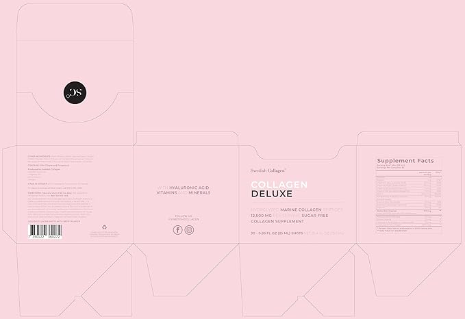 Swedish Collagen Deluxe | 12,500 mg Hydrolyzed Marine Collagen Liquid Supplement - 30 x 25 ml Daily Shots | Hyaluronic Acid, Biotin and Vitamin C for Healthy Hair, Skin, Nails and Joints | Sugar-Free