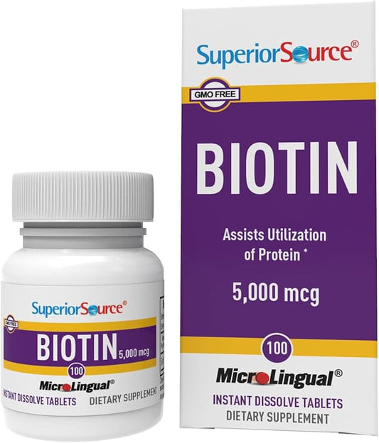 Superior Source Biotin 5000 mcg - Daily Supplement Supports Hair Health & Growth - Natural Biotin Supplement Aids Healthy Nails & Skin - 100 Sublingual Dissolving Tablets
