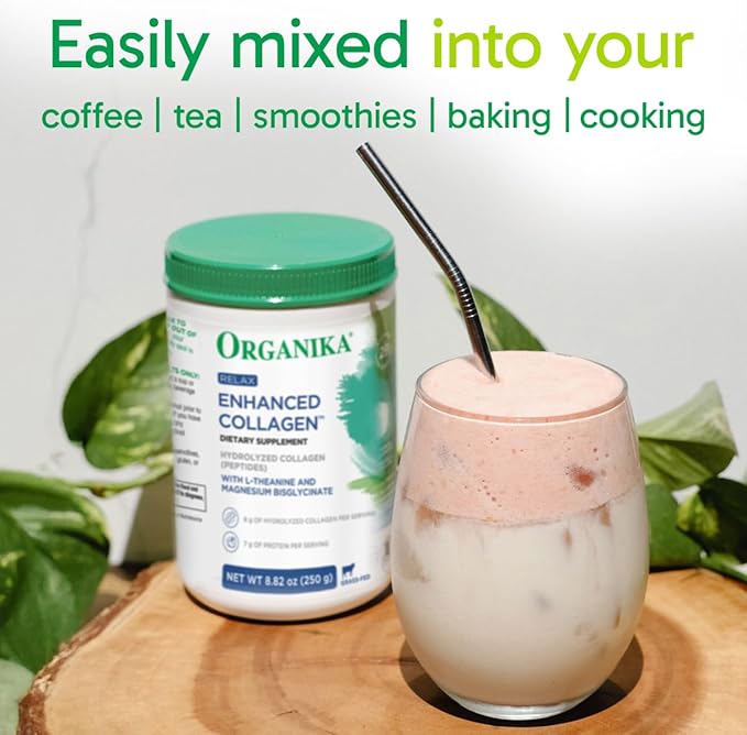 Organika Enhanced Relax Collagen Peptides Powder with L-Theanine & Magnesium Bisglycinate (8.82 oz - 250 g): Enriched Collagen Powder for Women & Men - Skin, Hair, Joints - Sleep, Vitality, Relaxation