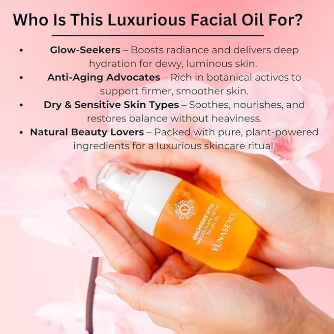 YUNASENCE ORCHIDEE VITAE Precious Organic Anti-Aging Facial Oil Serum, Face oil with Orchid Flower, Argan, Maracuja, Papaya, Vitamin C, 1oz